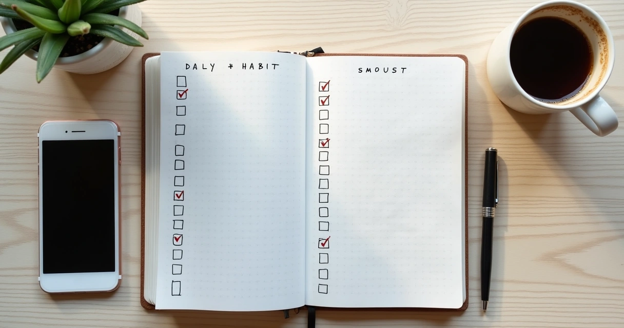 Caderno com registro de hábitos diários e café