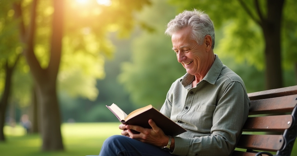 Pessoa adulta lendo em um banco do parque, sorri enquanto segura um livro aberto em meio à natureza 