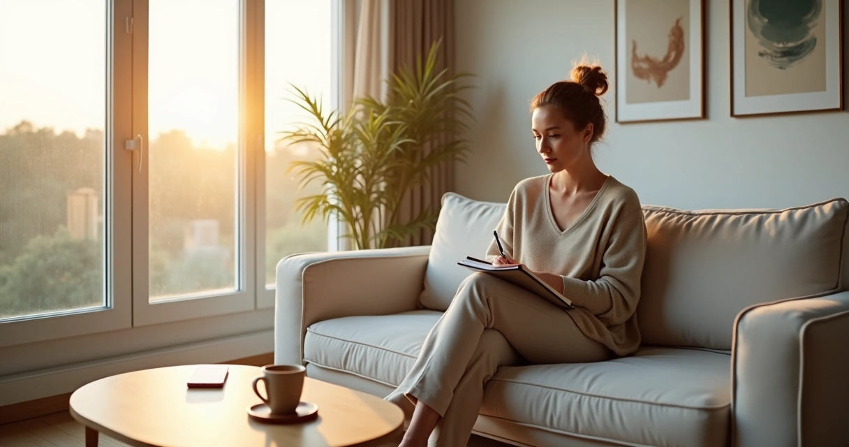 Pessoa sentada em sofá com caderno e xícara, planejando hábitos diários em ambiente calmo e organizado 