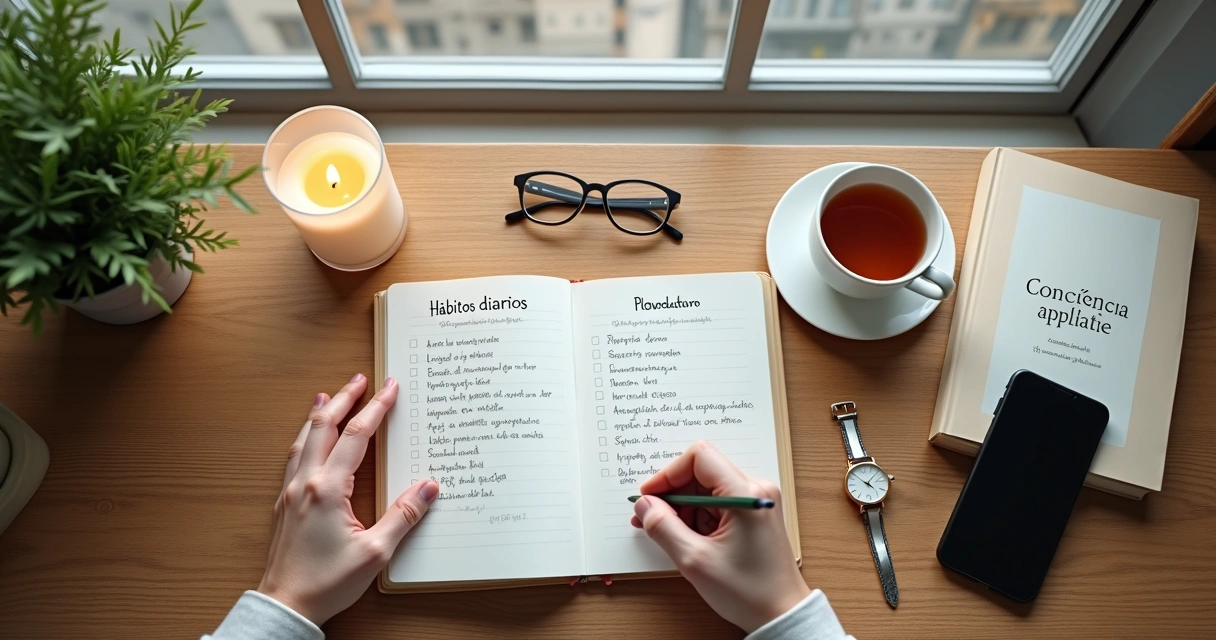 Persona planificando hábitos diarios de conciencia en un cuaderno junto a una taza de té 