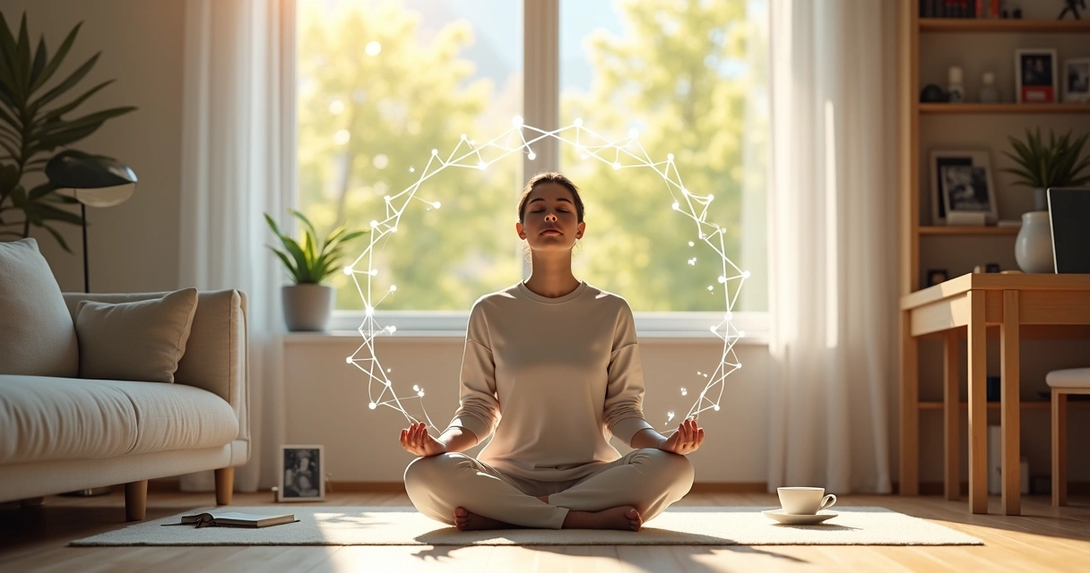 Persona meditando rodeada de conexiones sistémicas y naturaleza 