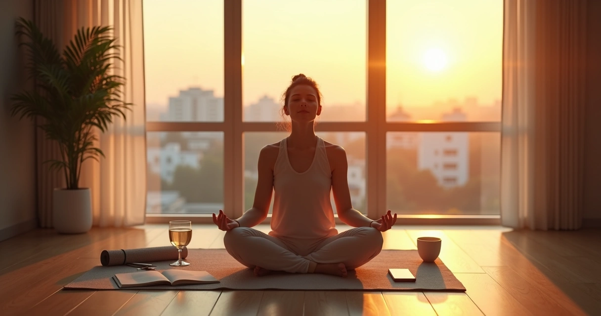 Pessoa meditando ao amanhecer com objetos de rotina ao redor 