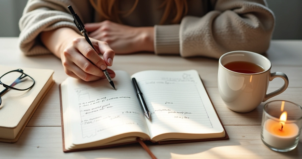 Pessoa escrevendo hábitos e emoções em um caderno ao lado de chá e vela acesa 