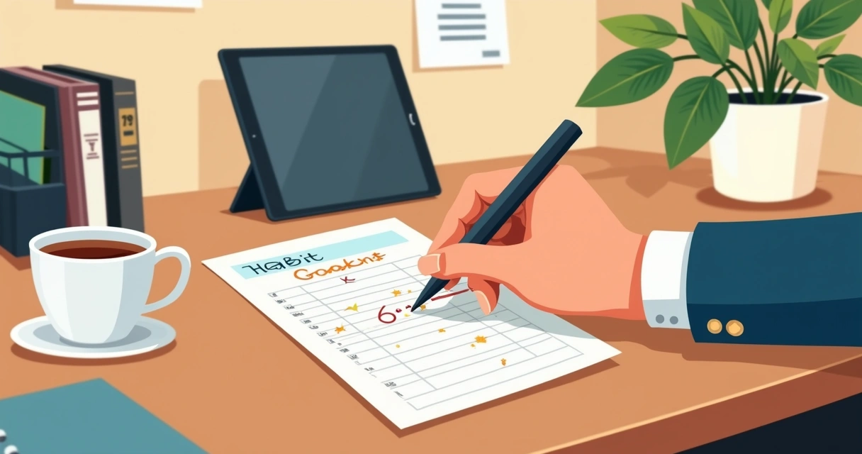 Pessoa marcando progresso em lista de hábitos em mesa de escritório 