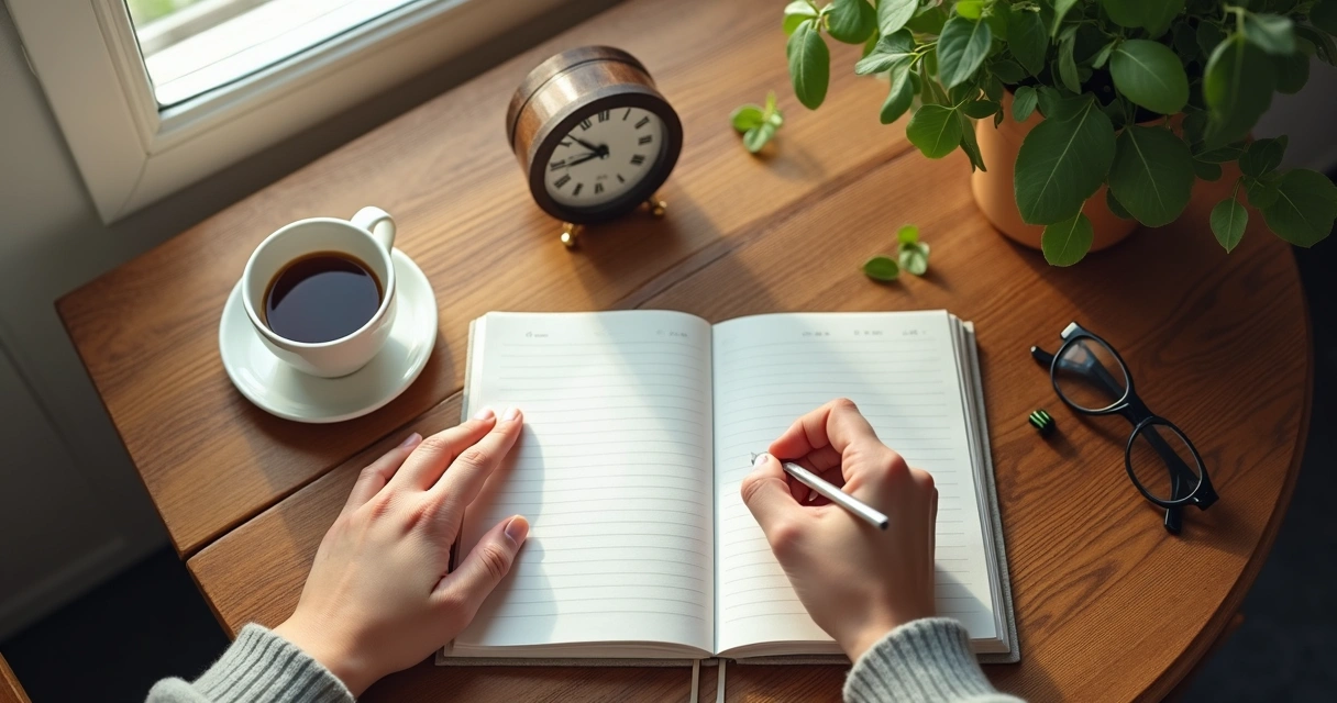 Pessoa escrevendo em um diário enquanto toma café em uma mesa de madeira 