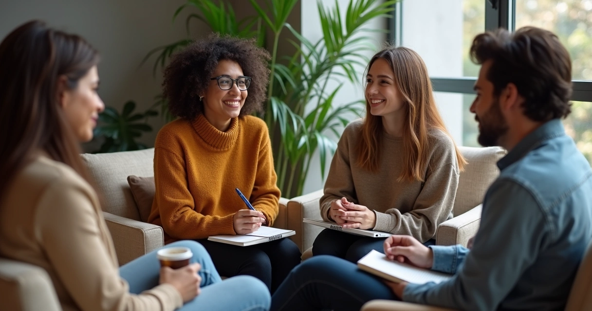 Quatro pessoas sentadas em círculo dialogando em uma sala aconchegante 
