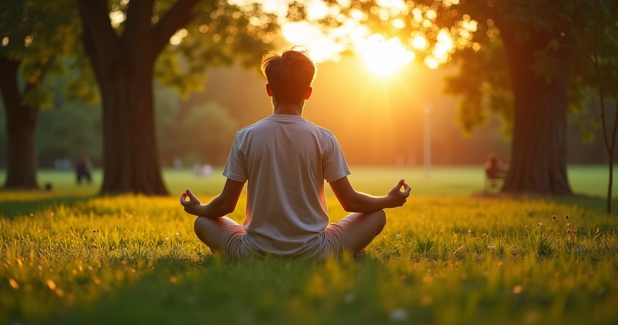 Jovem meditando no parque com sol entre árvores 