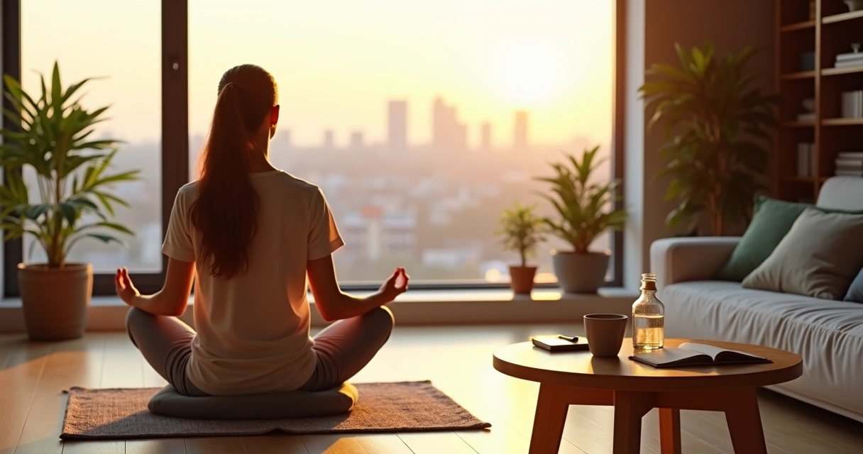 Persona en sala luminosa practicando hábitos diarios para reducir el estrés 