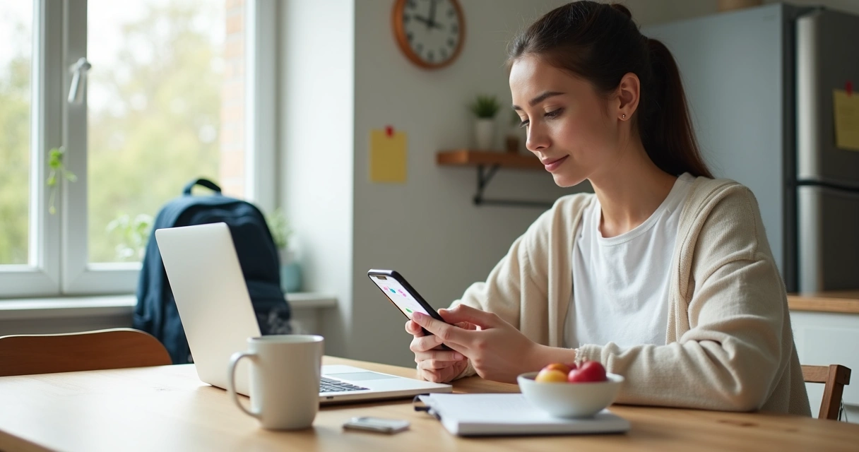 Mulher adulta marca hábitos em aplicativo de celular enquanto toma café da manhã rápido na cozinha 