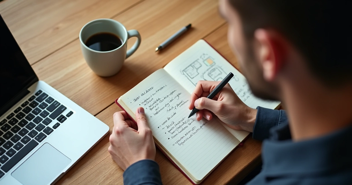 Pessoa anotando aprendizados em caderno com computador e café ao lado 