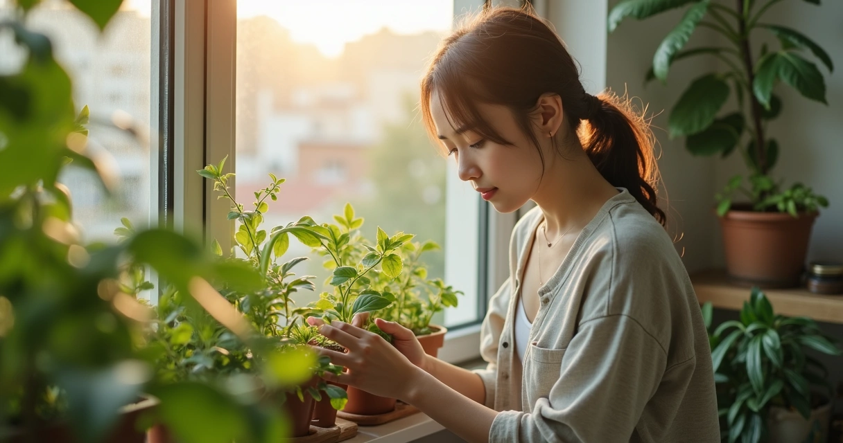 Jovem alimentando plantas na sacada de um apartamento, luz da manhã entrando pela janela, ambiente limpo e organizado, expressão calma 