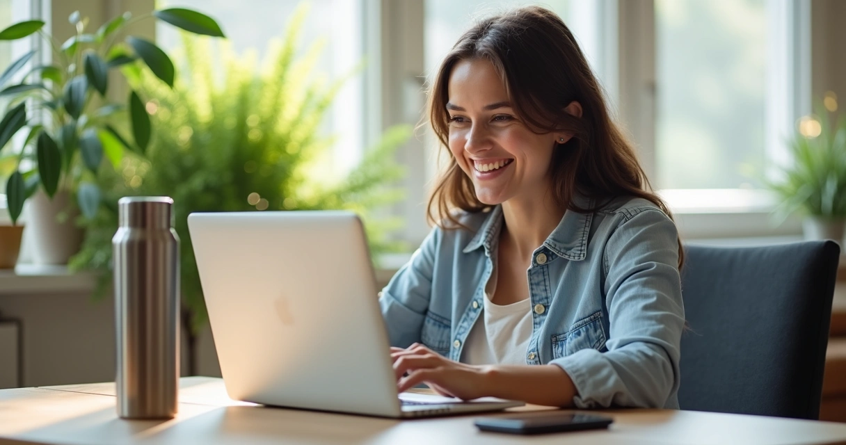 Pessoa sorrindo enquanto usa notebook em mesa organizada com planta ao fundo 