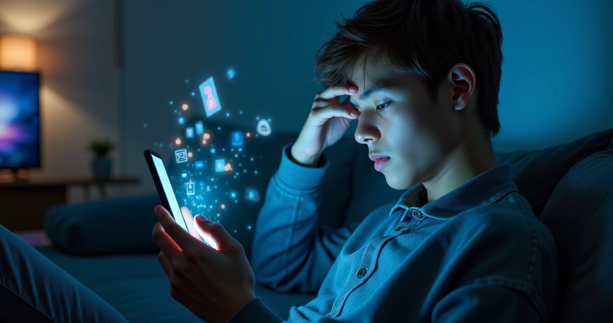 Pessoa com smartphone cercada por notificações digitais e ondas coloridas representando emoções 