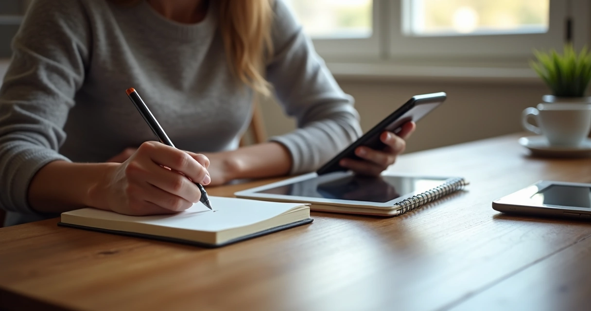 Persona con cuaderno anotando el uso de su teléfono inteligente 