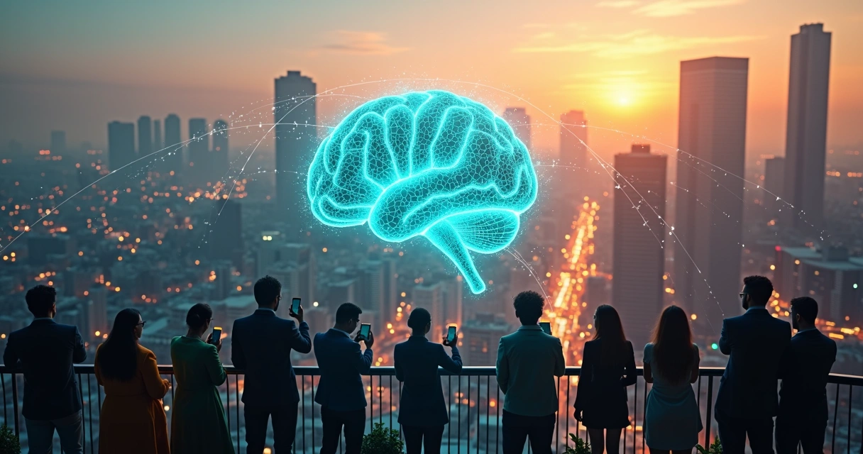 Rede de pessoas conectadas formando um cérebro luminoso sobre uma cidade ao entardecer 