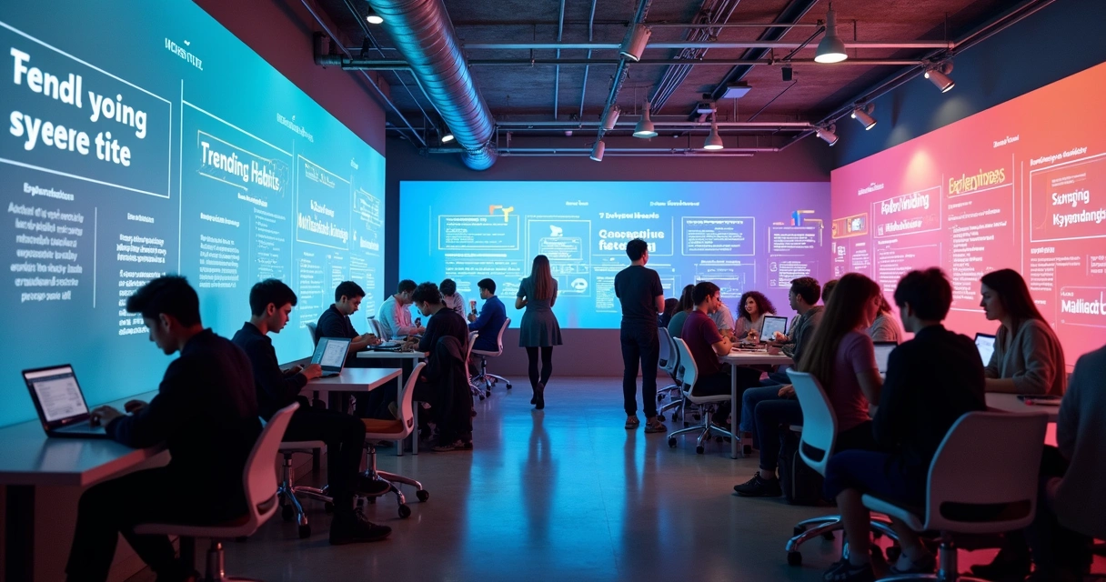 Adolescentes e adultos interagindo com diferentes dispositivos digitais em ambiente moderno 