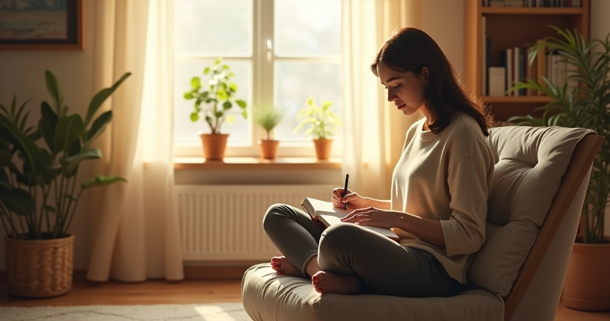 Persona reflexionando sentada bajo una luz suave, escribiendo en su cuaderno