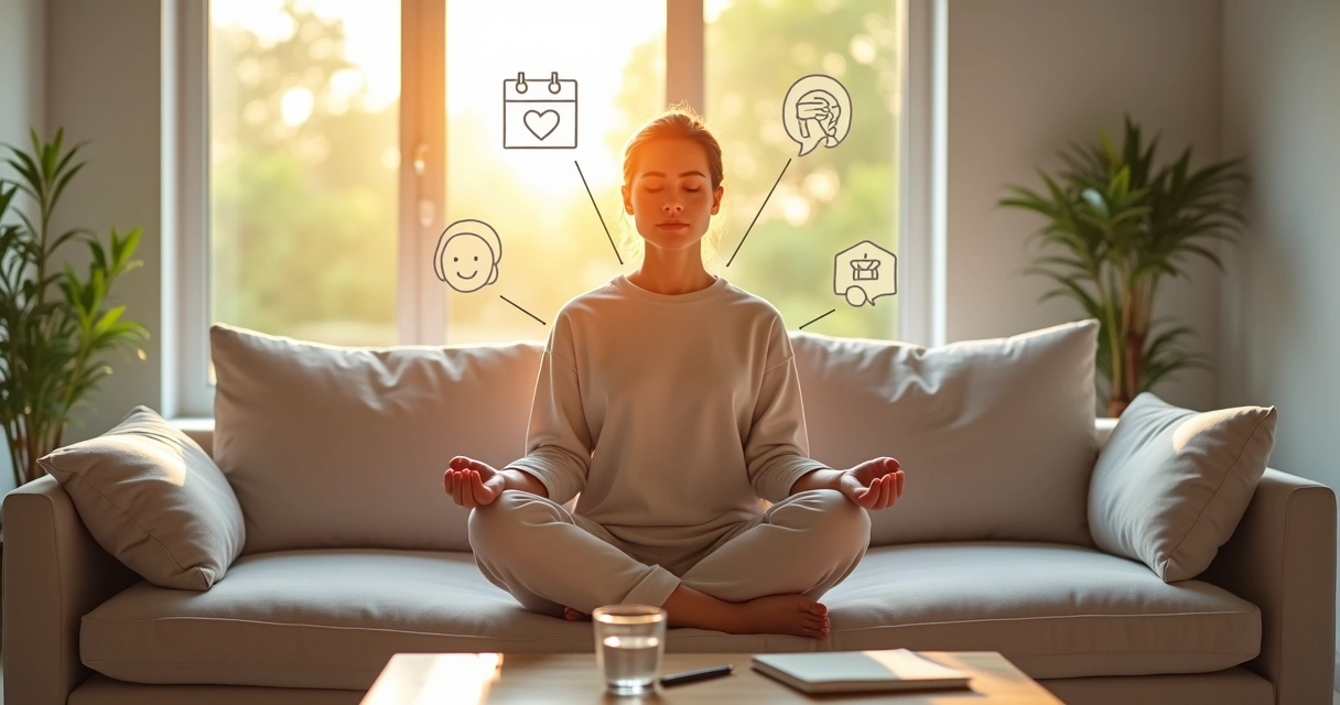 Persona meditando con iconos de hábitos emocionales alrededor 