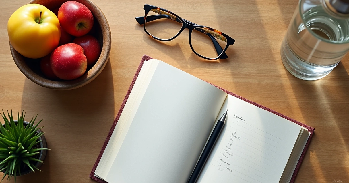 Mesa com frutas, um livro, garrafa de água e bloco de notas 