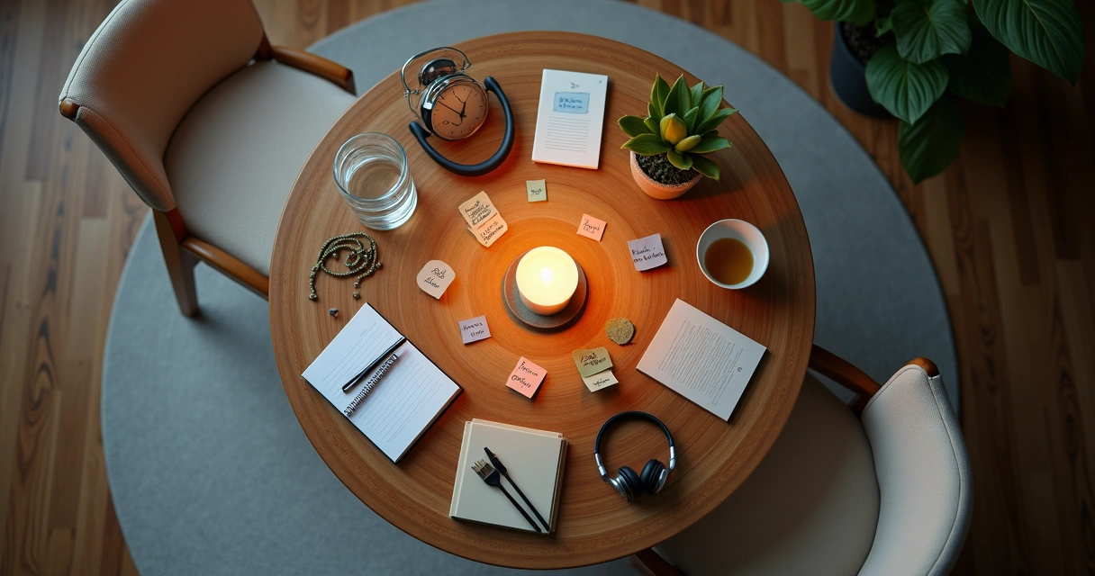 Mesa vista de cima com objetos formando espiral representando pequenos hábitos e expansão da consciência 