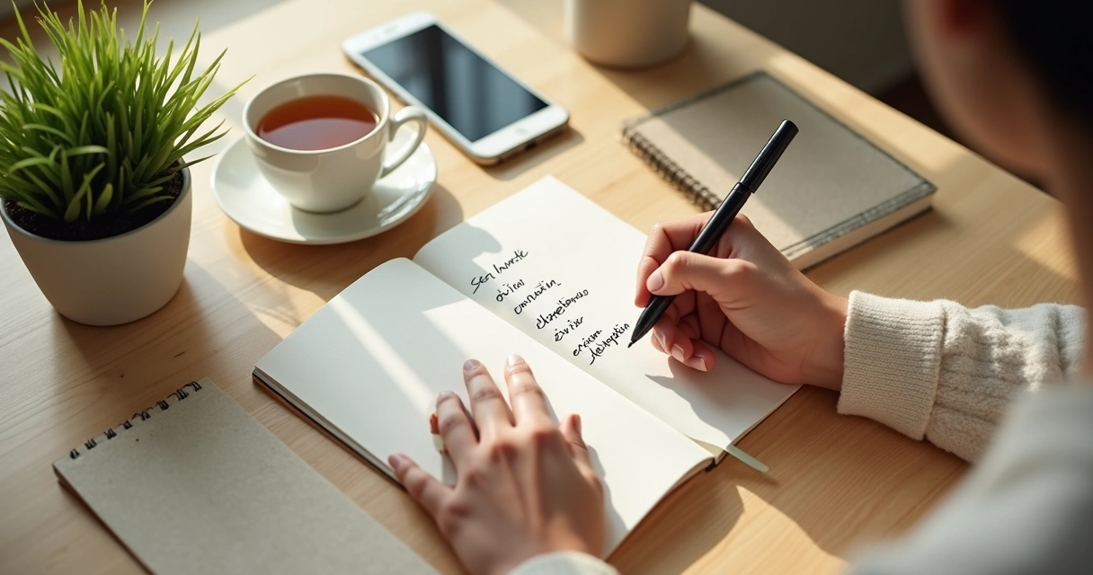 Pessoa anotando pequenos hábitos éticos em um caderno sobre a mesa 