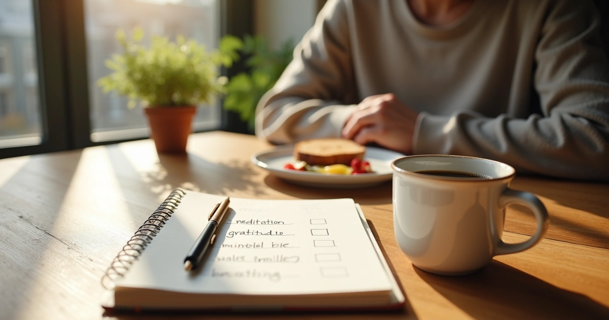 Pessoa escrevendo em diário de hábitos ao lado de café da manhã simples 