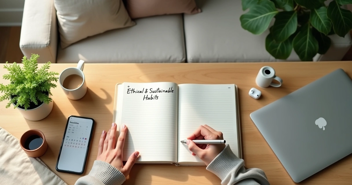 Pessoa planejando hábitos éticos e sustentáveis em um caderno sobre mesa com elementos naturais e tecnológicos 
