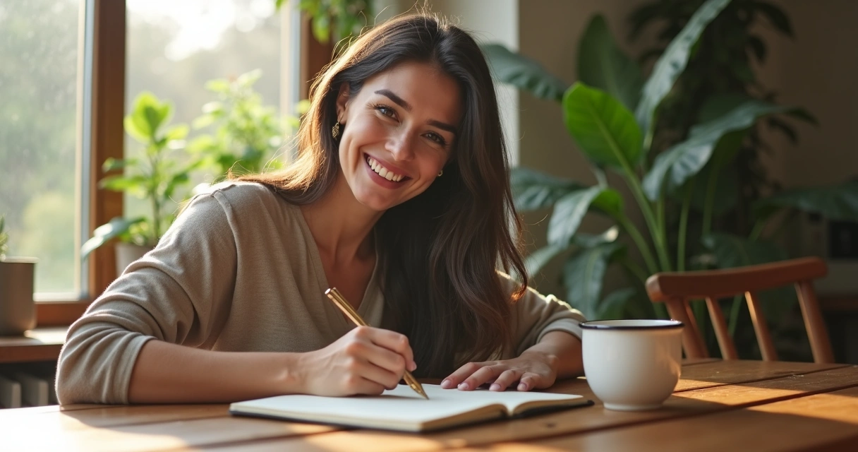 Pessoa sorrindo escrevendo em diário ao lado de xícara