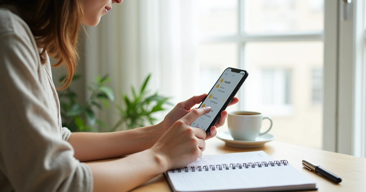Pessoa marcando hábitos em app minimalista com foco e calma 