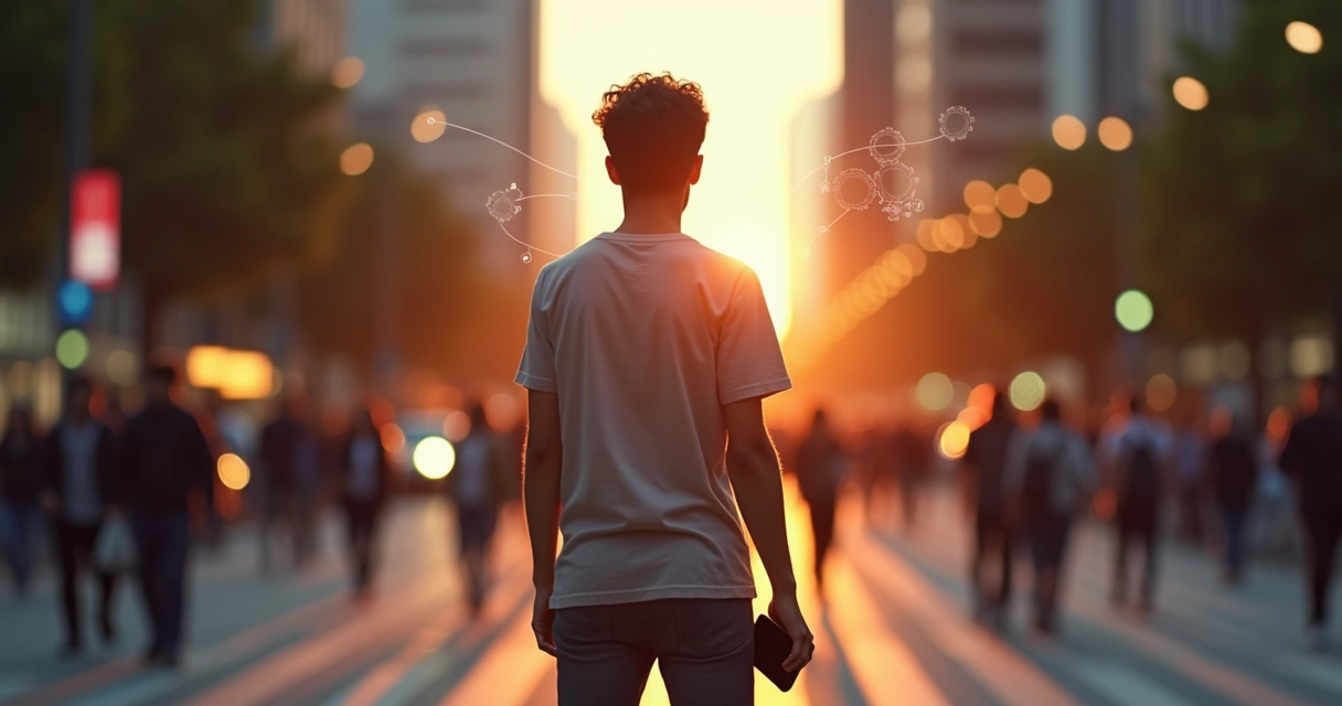 Pessoa em uma rua movimentada com sobreposição de engrenagens e caminhos iluminados representando hábitos inconscientes guiando decisões 