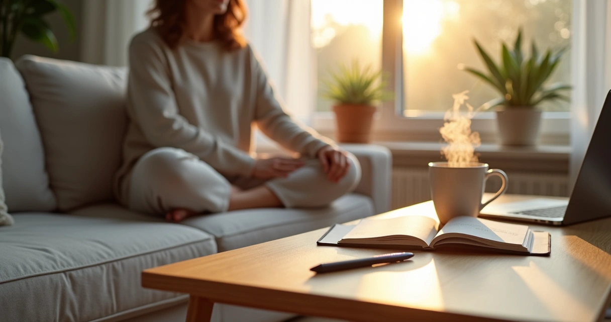 Persona meditando al amanecer con libreta y taza de té sobre la mesa 