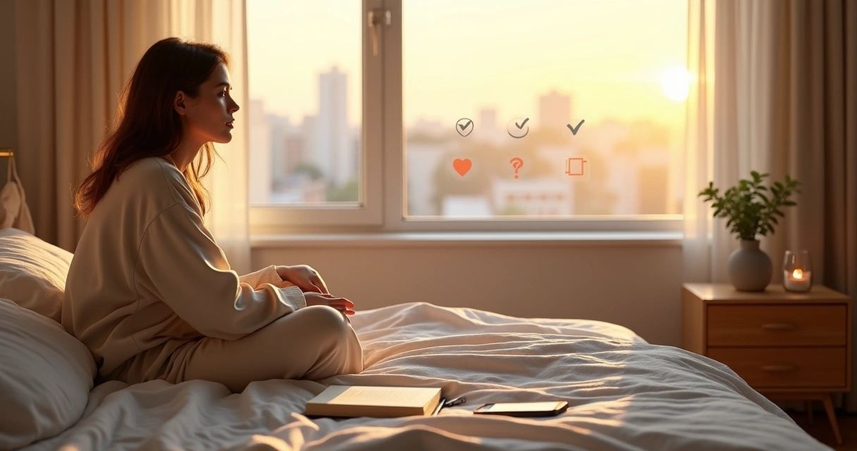 Joven sentado en la cama practicando hábitos diarios de inteligencia emocional al amanecer 
