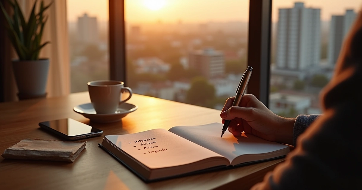 Persona meditando y escribiendo hábitos diarios frente a un amanecer urbano 