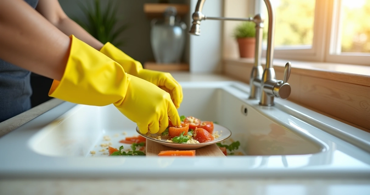 Pessoa com luvas descartando restos de comida no lixo ao lado do lavatório 