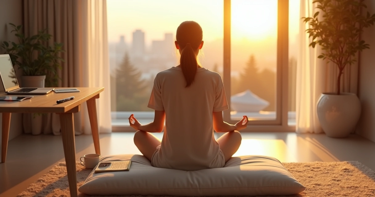 Pessoa meditando ao amanhecer em frente a janela com caderno de anotações ao lado 