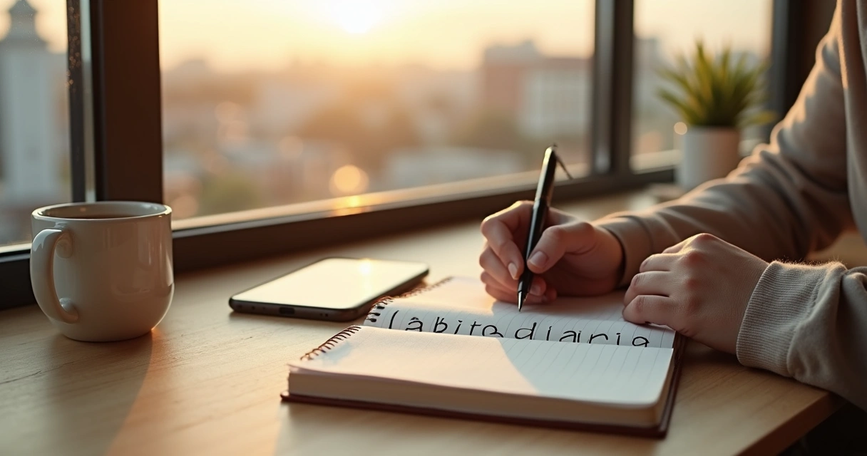 Persona sentada escribiendo en un cuaderno de hábitos frente a una ventana luminosa 