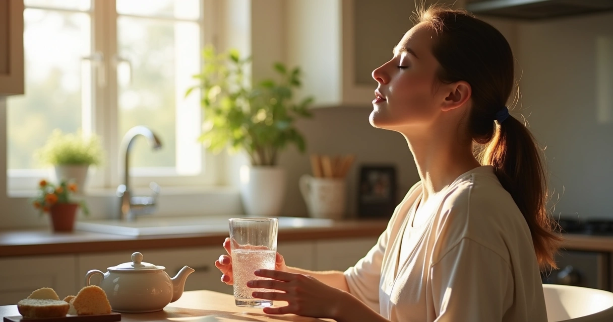 Pessoa sentada à mesa de manhã com um copo de água e respirando profundamente 