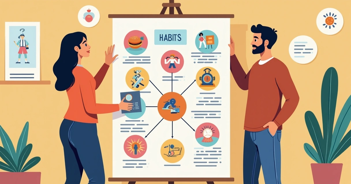 Duas pessoas conversam segurando um cartaz de reflexão sobre hábitos, com ambiente interno. 