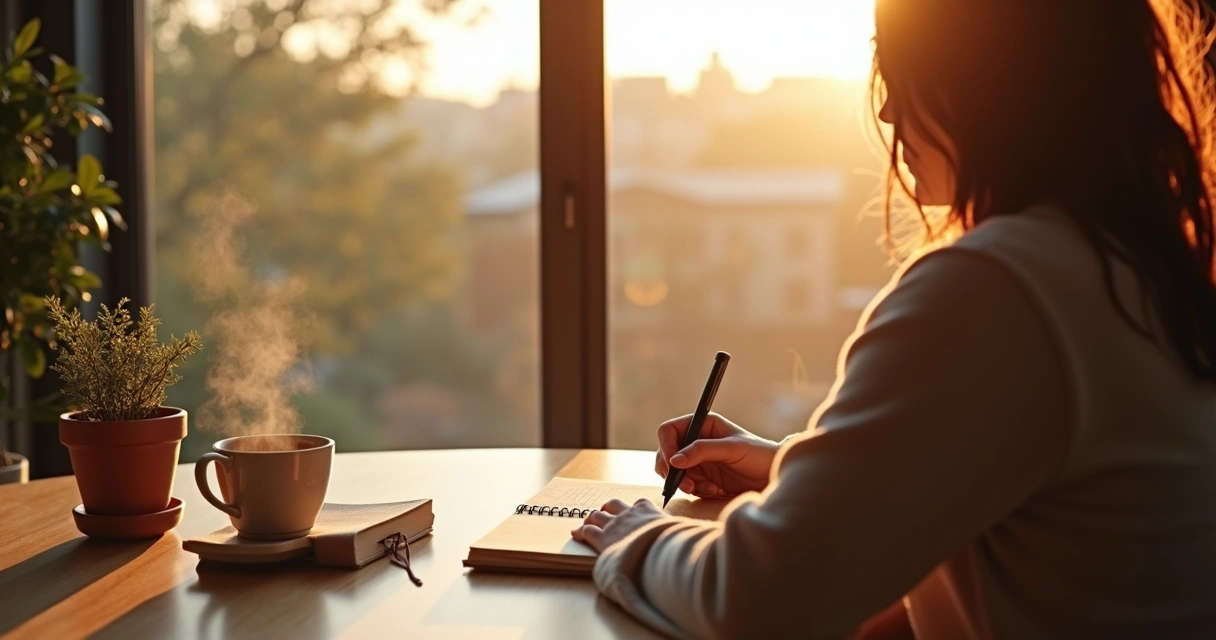 Pessoa refletindo em diário ao lado de chá em ambiente calmo 