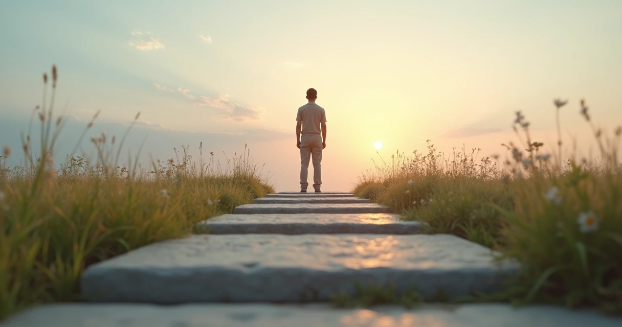 Pessoa em pé em trilha de cinco passos rumo a um horizonte tranquilo 
