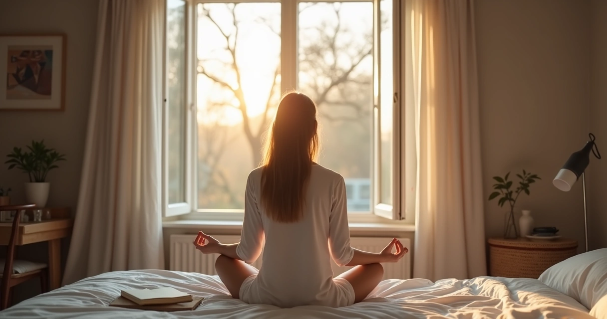 Pessoa sentada de manhã à beira da cama, olhando pela janela com luz suave