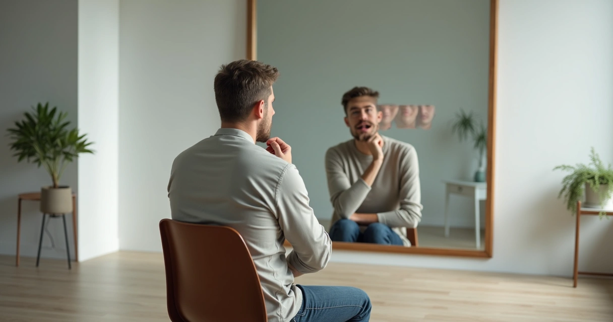 Pessoa pensativa diante de espelho com reflexo fragmentado simbolizando hábitos mentais 