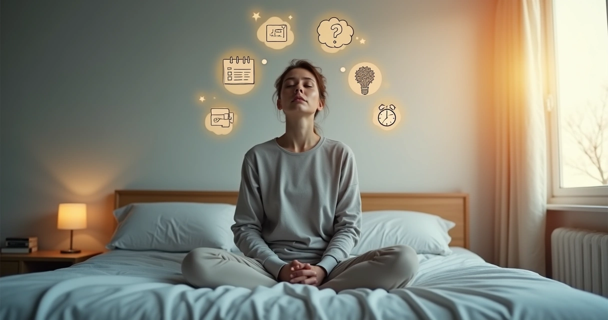 Pessoa sentada em silêncio com a mente cheia de pensamentos dispersos 