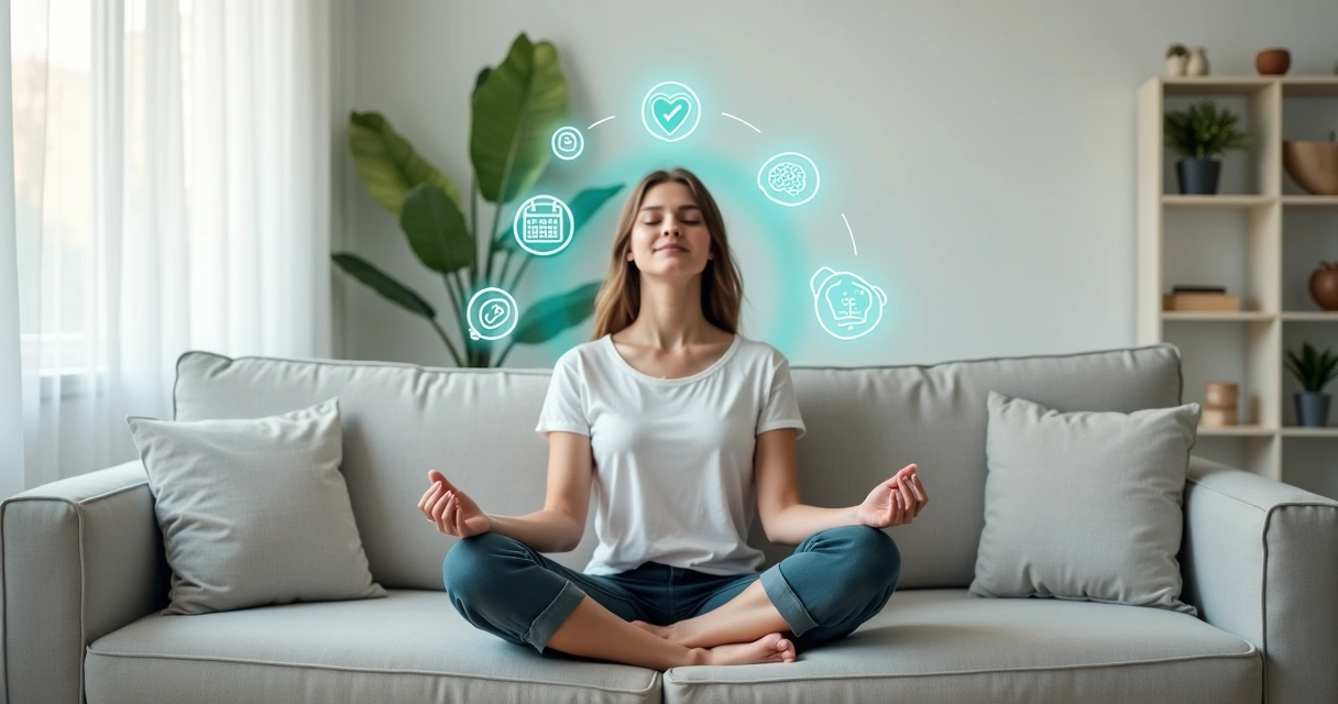 Pessoa sentada em posição de meditação com elementos simbolizando pensamentos positivos ao redor 