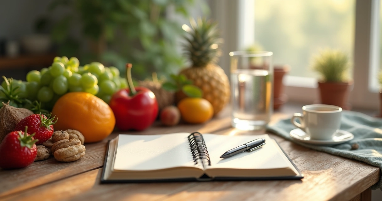 Mesa com alimentos saudáveis, diário aberto e copo de água, ao fundo, ambiente tranquilo. 