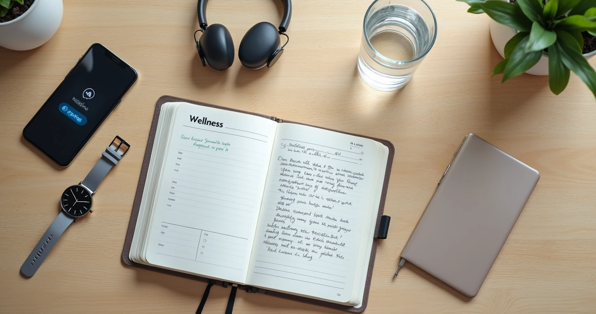Mesa com caderno, relógio, água e celular de monitoramento