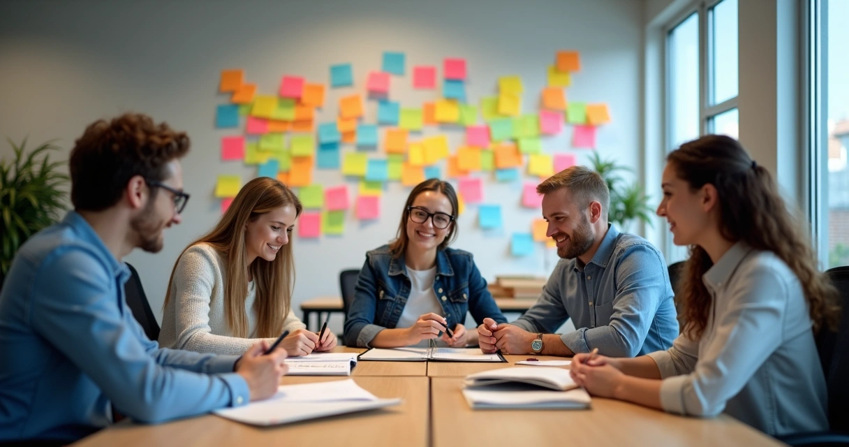 Pessoas em um escritório modernos trabalhando e discutindo tarefas, com post-its coloridos na parede 