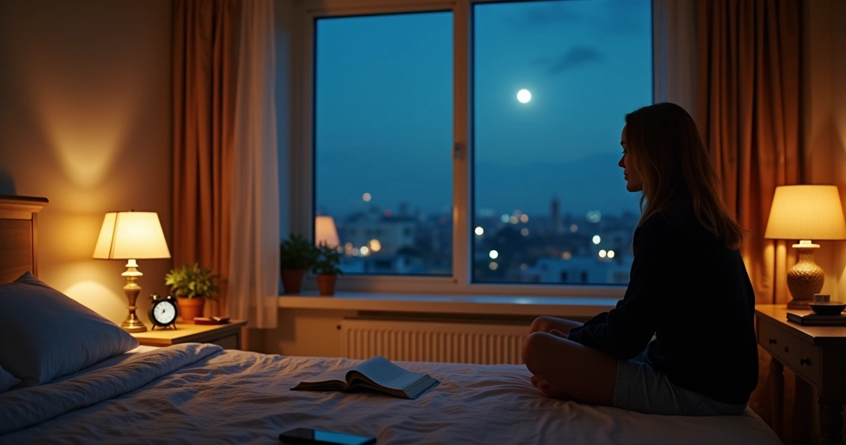 Pessoa sentada na cama à noite olhando pela janela da cidade 