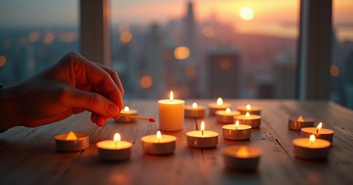 Mano encendiendo una pequeña vela frente a una ciudad desenfocada al atardecer 
