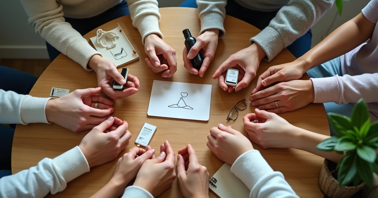 Mãos de diferentes pessoas formando um coração com pequenos objetos do cotidiano 